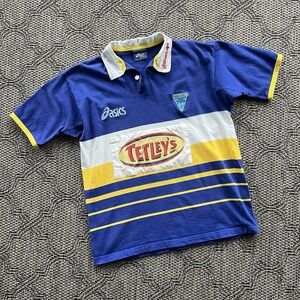 Vintage Asics Rugby Jersey Men's XL Blue Yellow Warrington Wolves Y2K Tetley